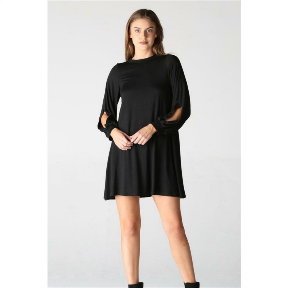 Black Dress, Split Sleeve, Mini Dress, Viscose, SHIRT, Versatile, New, Barbie